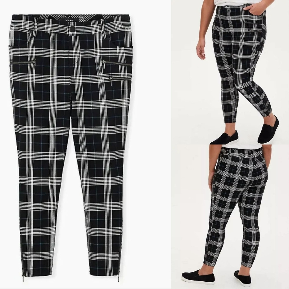TORRID BLACK & TEAL PLAID PONTE MULTI ZIP SKINNY ANKLE PANT Size 10. NWT